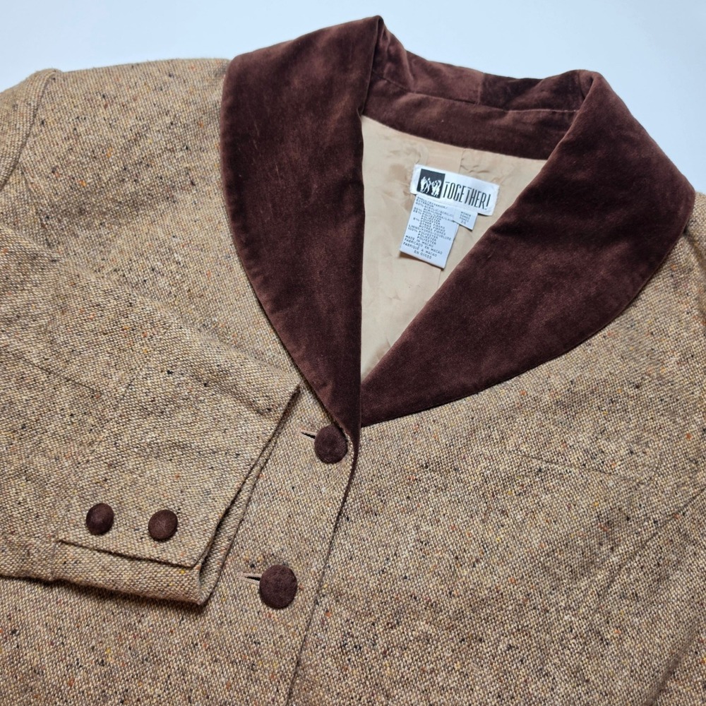 Together Womens Vintage Blazer 24 Brown Tweed Velvet Trim Wool Blend Academia